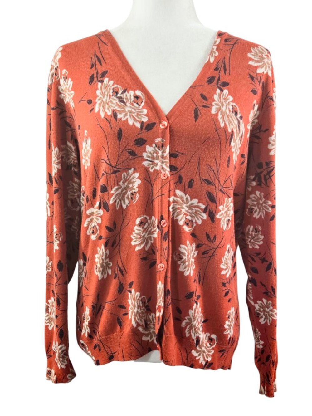 Daniel Rainn Burnt Orange Floral V-Neck Cardigan Romantic Whimsical